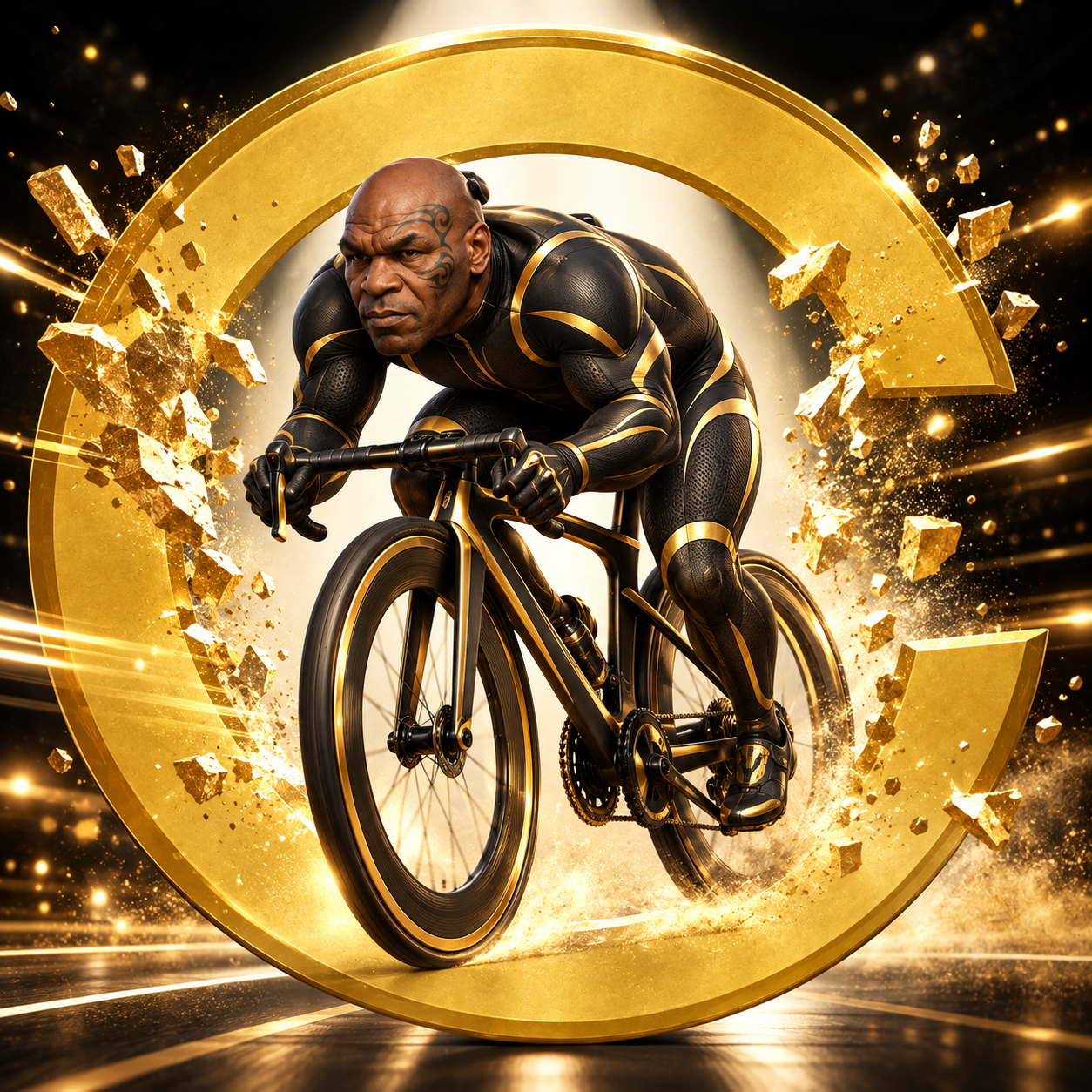 Bike Tyson launches through a golden coin ring