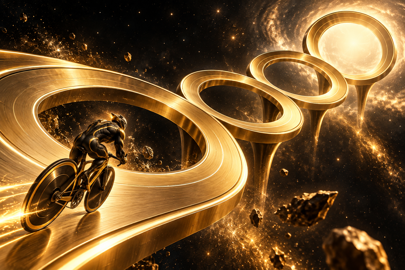 A golden four-loop track leading into a bright final ring